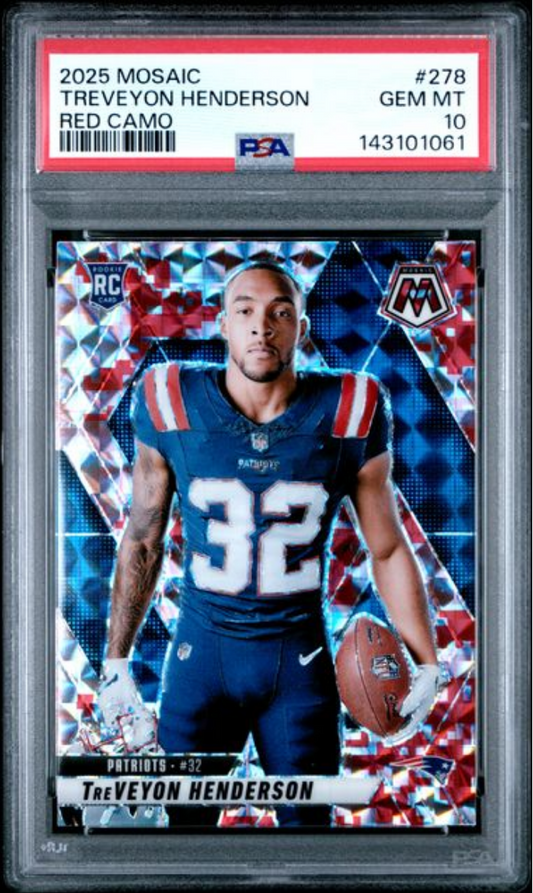 Graded 2025 Panini Mosaic TreVeyon Henderson #278 Red Camo Rookie RC Football Card PSA 10 Gem Mint