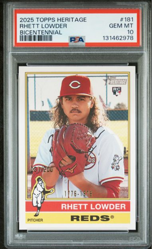 Graded 2025 Topps Heritage Rhett Lowder #181 Bicentennial /200 Rookie RC Baseball Card PSA 10 Gem Mint