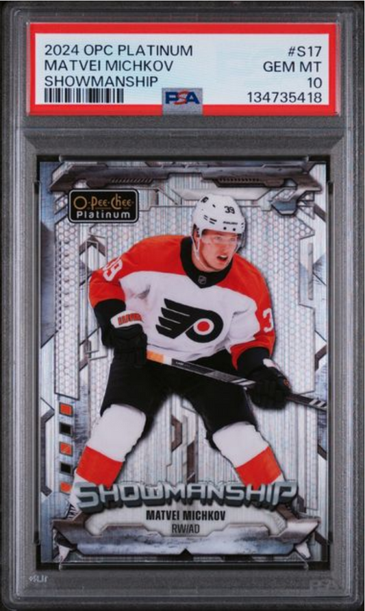 Graded 2024 O-Pee-Chee Platinum Matvei Michkov #S17 Showmanship Rookie RC Hockey Card PSA 10 Gem Mint