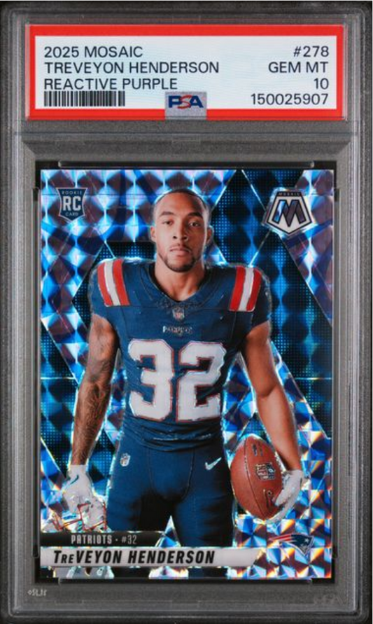 Graded 2025 Panini Mosaic TreVeyon Henderson #278 Reactive Purple Rookie RC Football Card PSA 10 Gem Mint