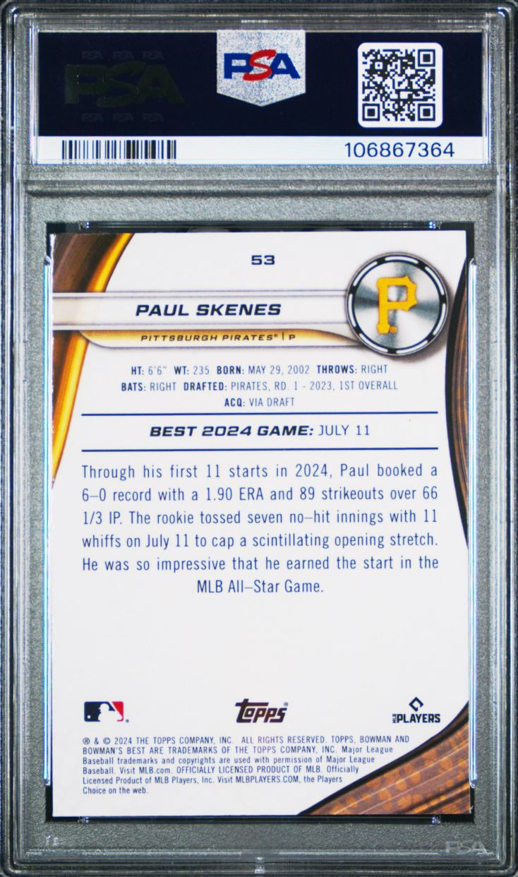 Graded 2024 Topps Bowmans Best Paul Skenes #53 Rookie RC Baseball Card PSA 10 Gem Mint