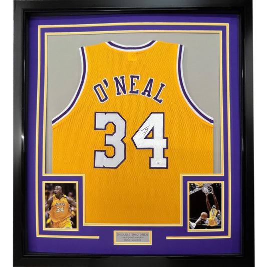 Framed Autographed/Signed Shaquille Shaq O'Neal 35x39 Los Angeles LA Yellow Basketball Jersey Beckett BAS COA