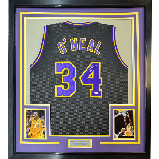 Framed Autographed/Signed Shaquille Shaq O'Neal 35x39 Los Angeles LA Black Basketball Jersey JSA COA