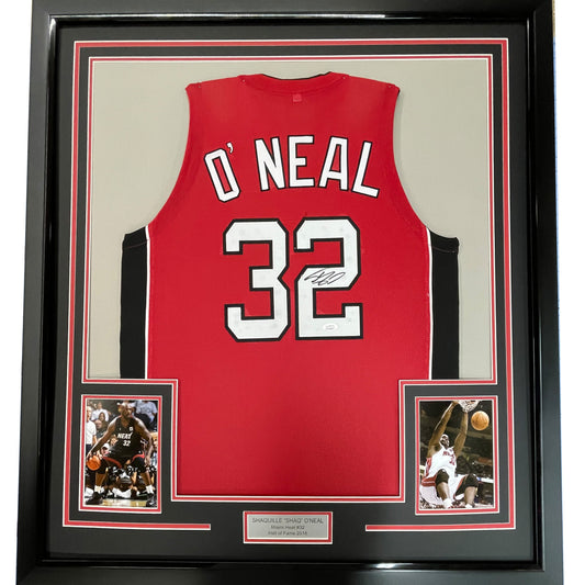Framed Autographed/Signed Shaquille Shaq O'Neal 35x39 Miami Red Basketball Jersey JSA COA