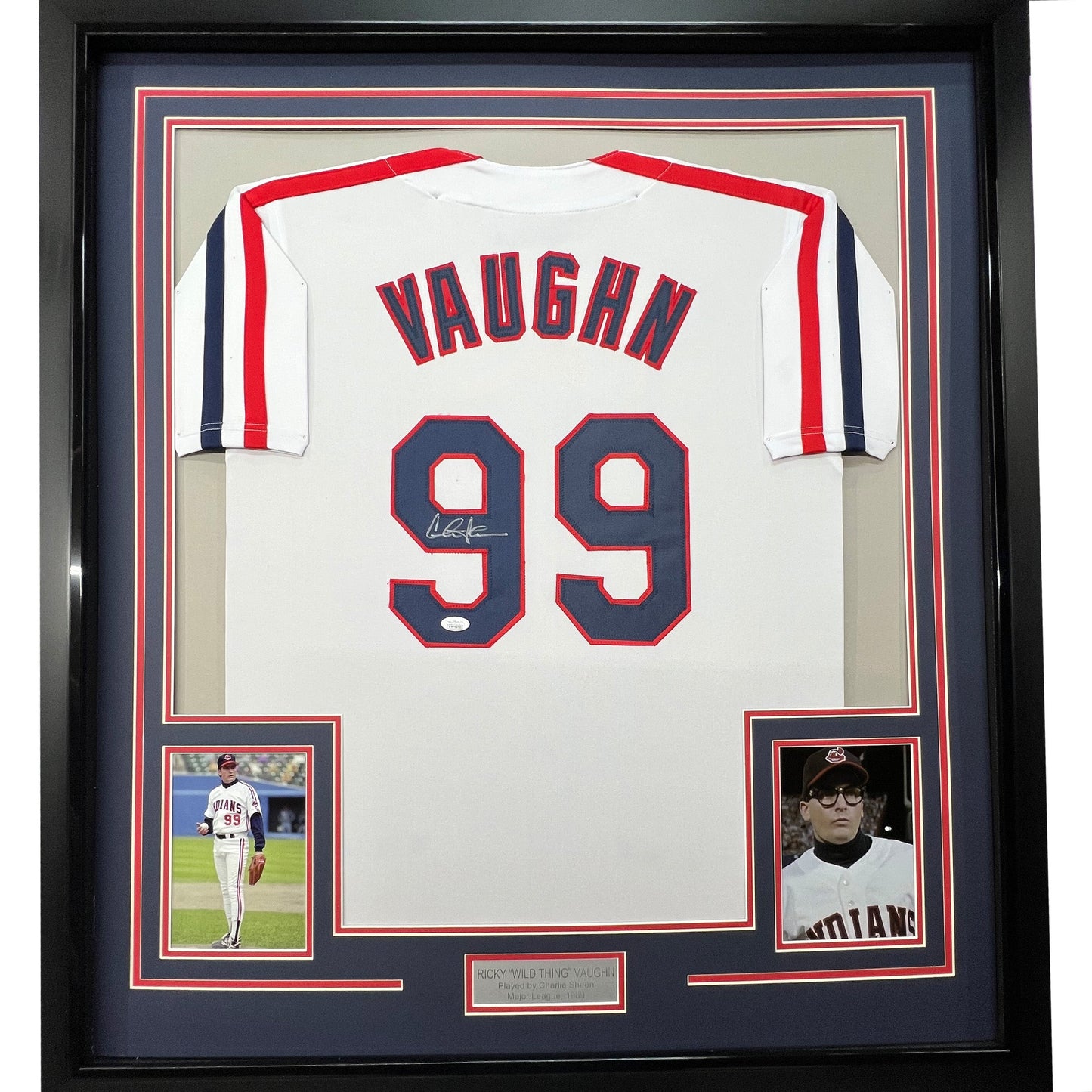 Framed Autographed/Signed Charlie Sheen 35x39 Wild Thing Ricky Vaughn Major League Movie Baseball Jersey JSA COA