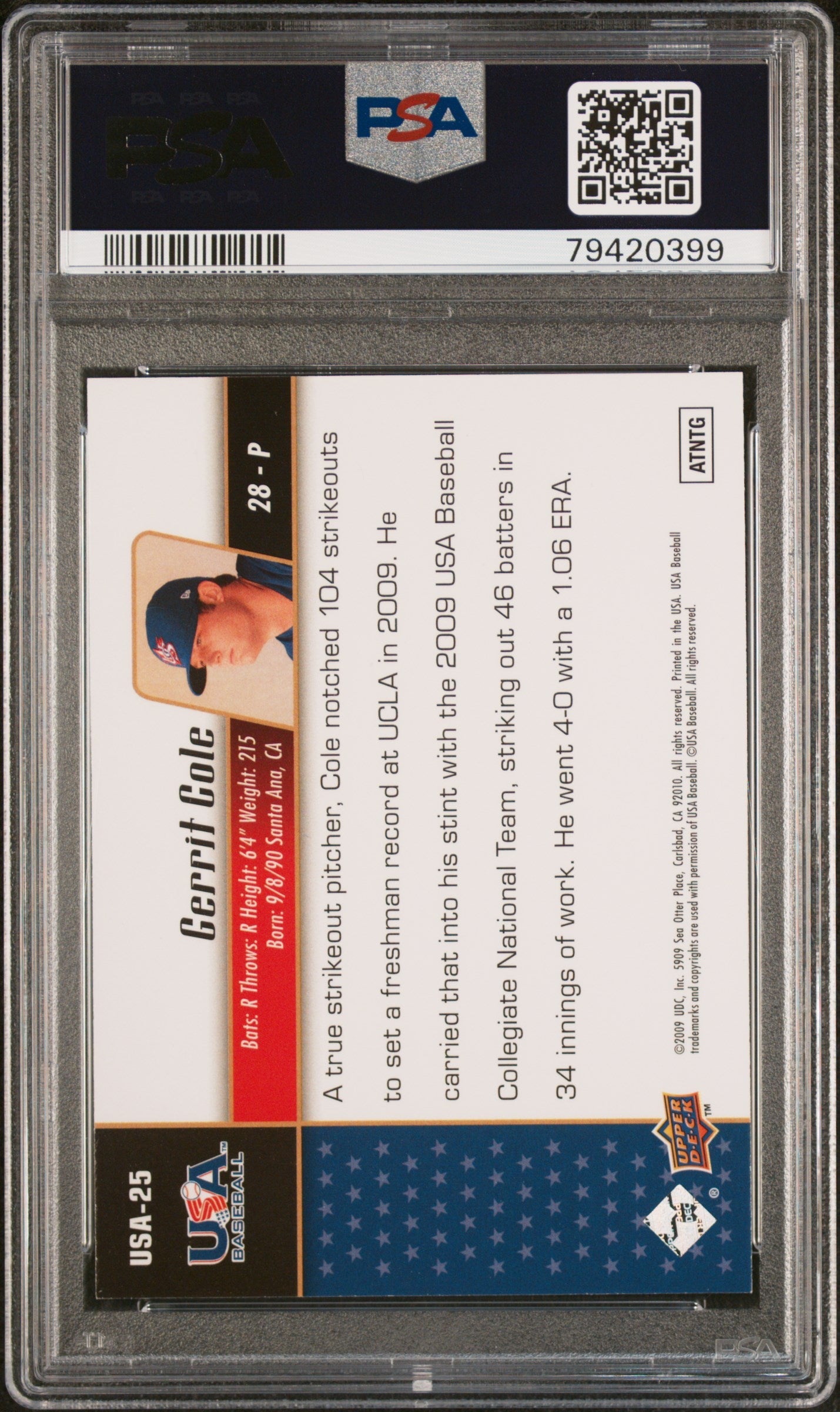Graded 2009 Upper Deck USA Baseball Gerrit Cole #USA25 USA Star Prospects Rookie RC Baseball Card PSA 10 Gem Mint - Golden Apple Comics