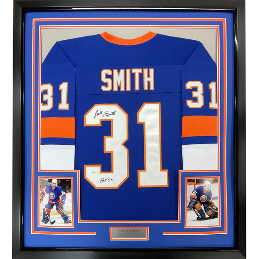 Framed Autographed/Signed Billy Smith 35x39 New York Blue Hockey Jersey JSA COA - Golden Apple Comics