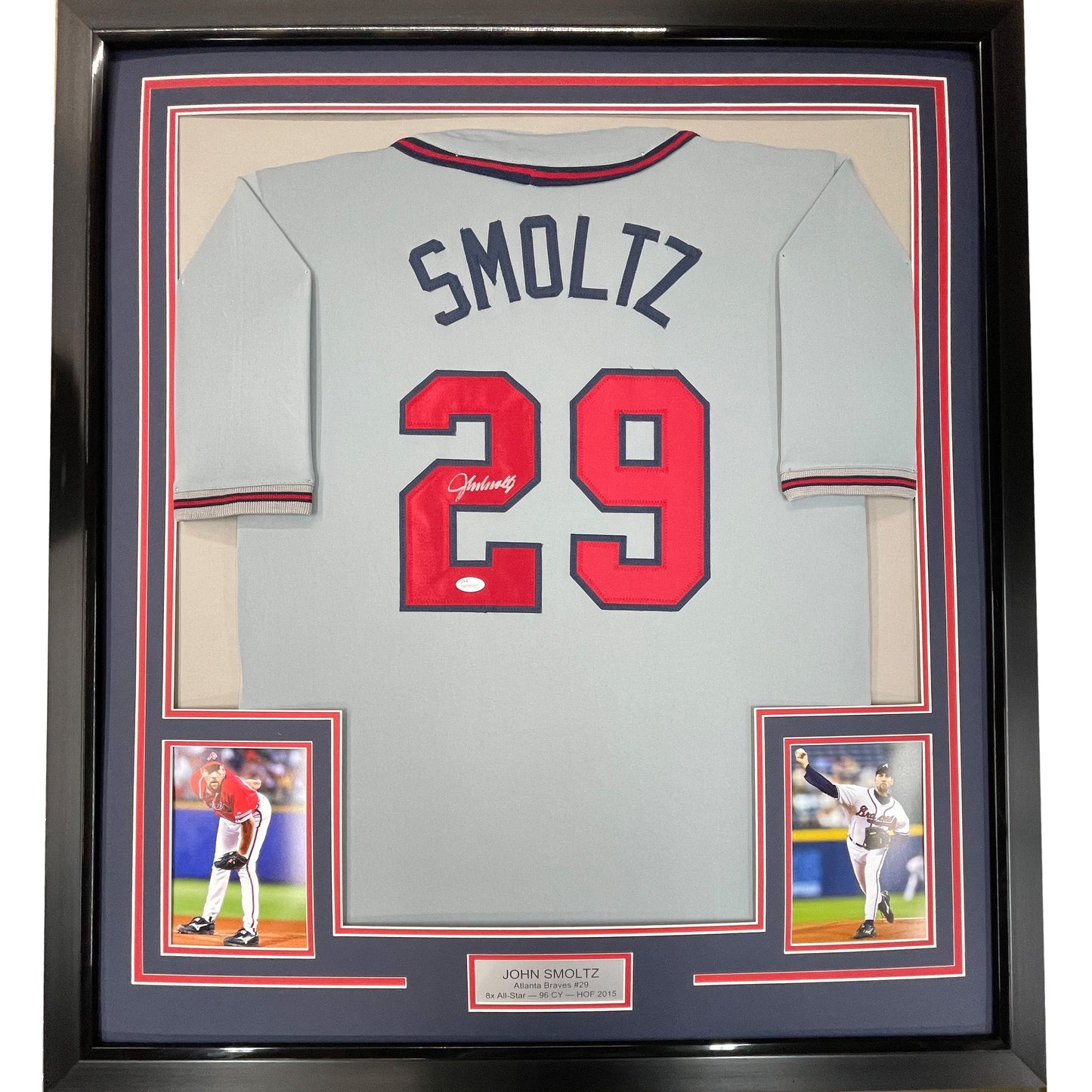 Framed Autographed/Signed John Smoltz 35x39 Atlanta Grey Baseball Jersey JSA COA