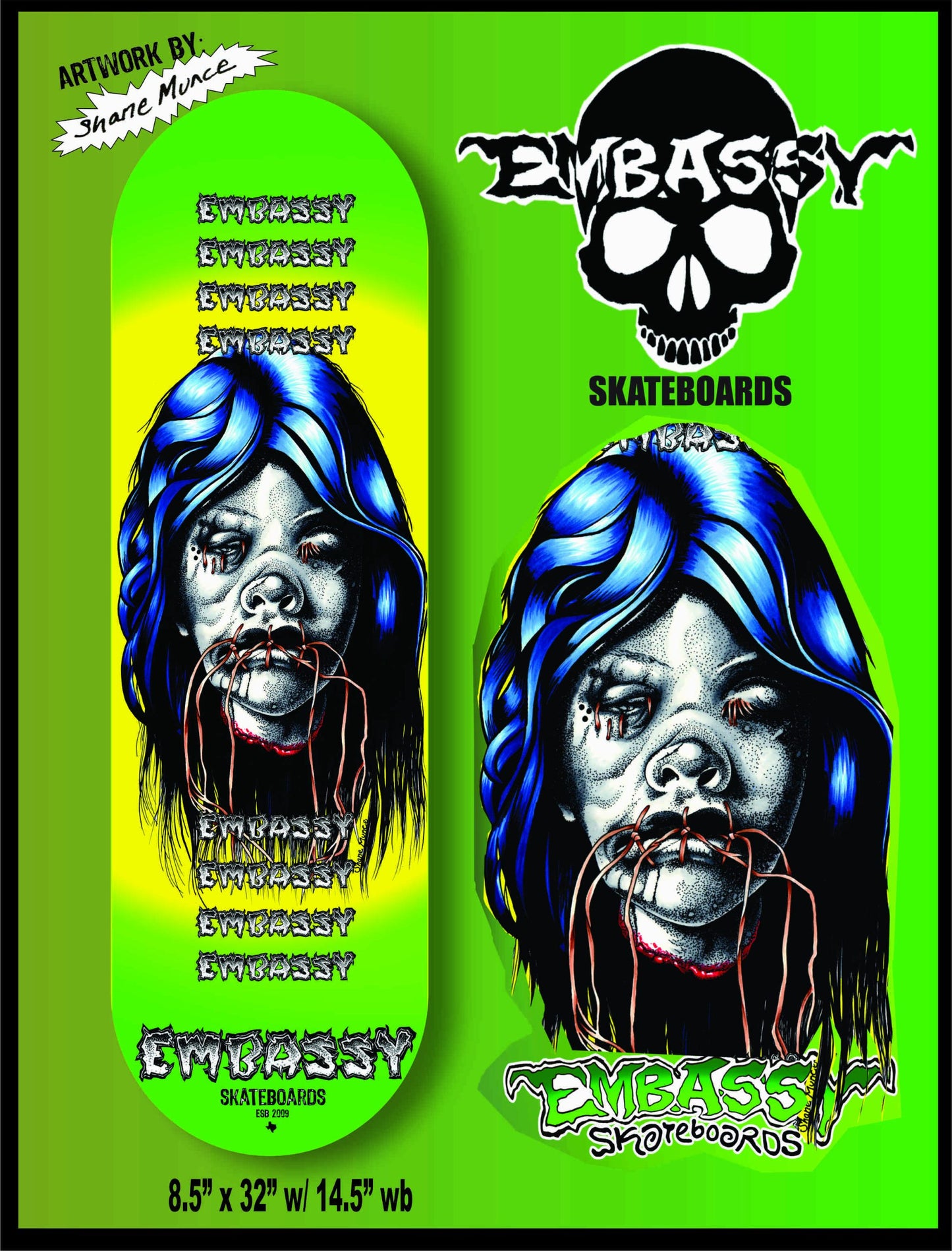 Embassy Shrunken Head “SPEAK NO EVIL” 8.5"  Skateboard Deck