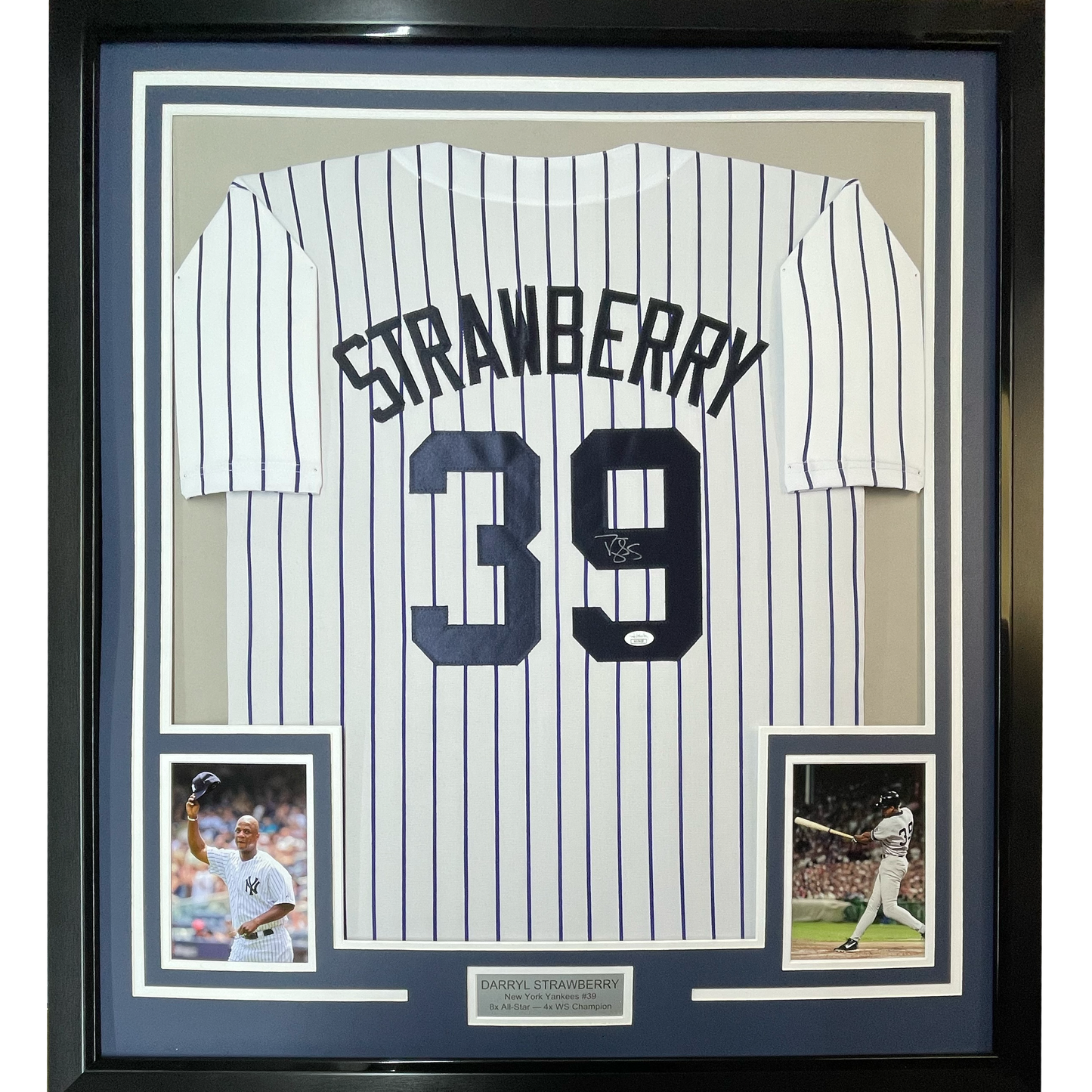 Framed Autographed/Signed Darryl Strawberry 35x39 New York Pinstripe Baseball Jersey JSA COA