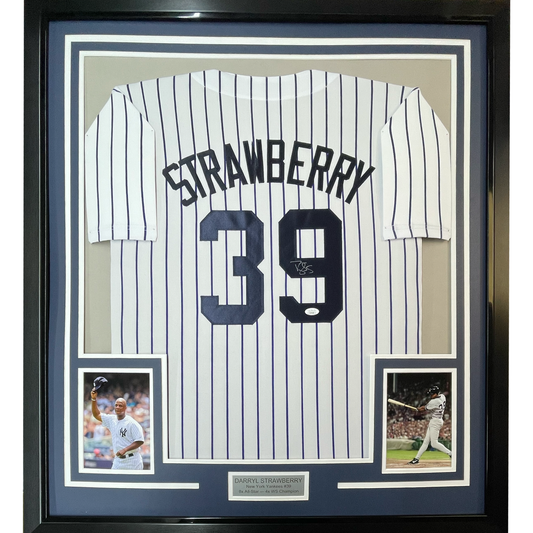 Framed Autographed/Signed Darryl Strawberry 35x39 New York Pinstripe Baseball Jersey JSA COA