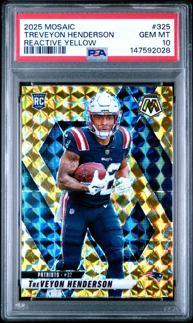 Graded 2025 Panini Mosaic TreVeyon Henderson #325 Reactive Yellow Rookie RC Football Card PSA 10 Gem Mint