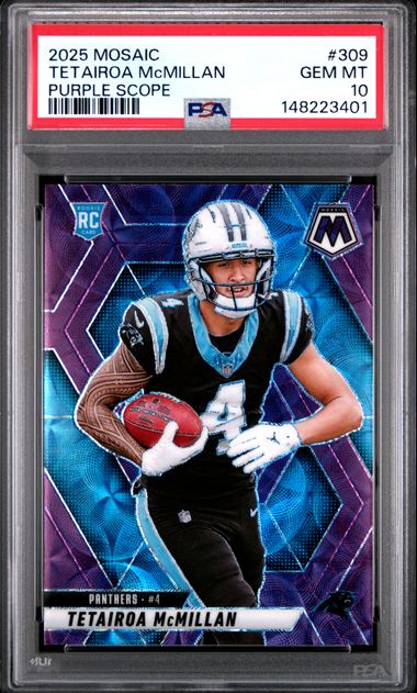 Graded 2025 Panini Mosaic Tetairoa McMillan #309 Purple Scope Rookie RC Football Card PSA 10 Gem Mint