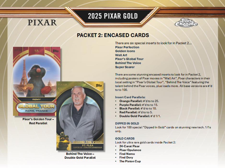 Pixar Trading Cards Topps Gold 2025 Hobby Box Of 2 Packs (01/14/2026) - Golden Apple Comics