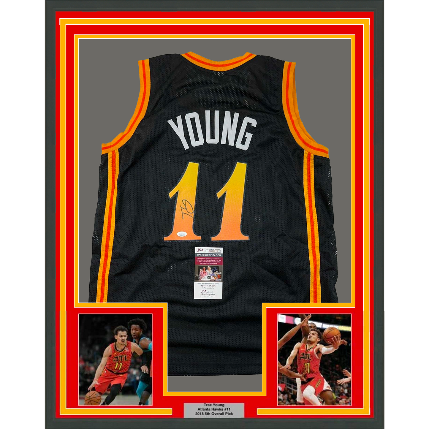 Framed Autographed/Signed Trae Young 35x39 Atlanta Black City Edition Basketball Jersey JSA COA