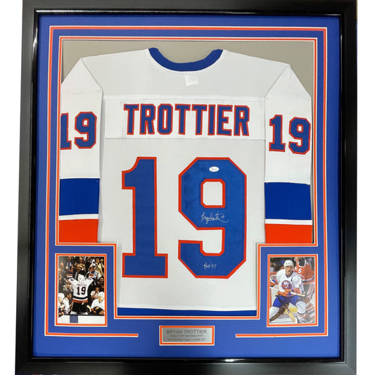 Framed Autographed/Signed Bryan Trottier HOF 97 35x39 New York White Hockey Jersey JSA COA - Golden Apple Comics