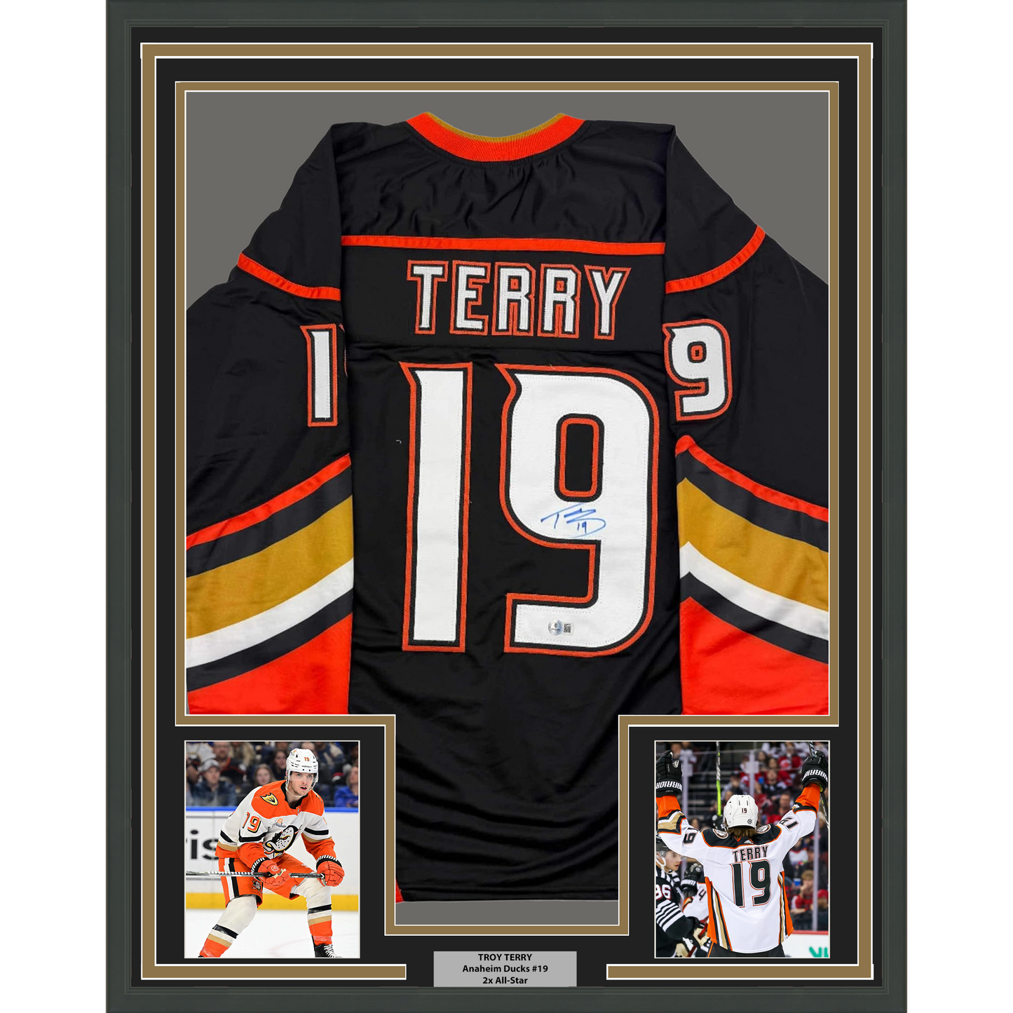 Framed Autographed/Signed Troy Terry 35x39 Anaheim Black Hockey Jersey Beckett BAS COA
