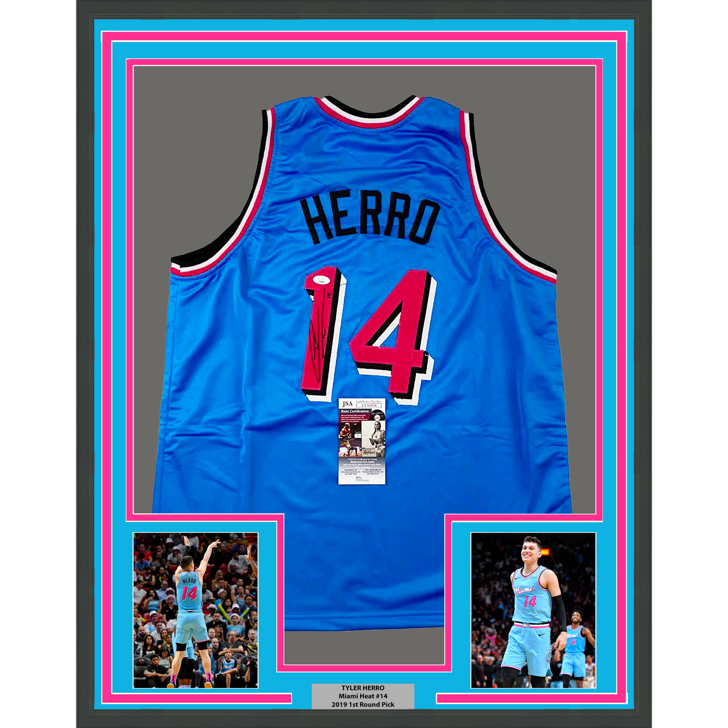 Framed Autographed/Signed Tyler Herro 35x39 Miami Blue Vice City Basketball Jersey JSA COA