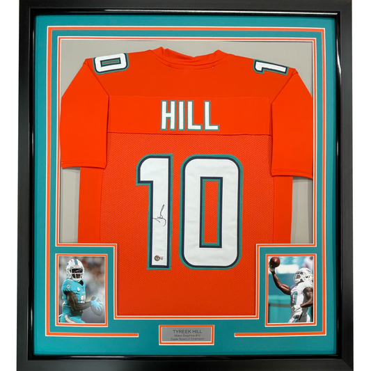 Framed Autographed/Signed Tyreek Hill 35x39 Miami Orange Retro Football Jersey JSA COA