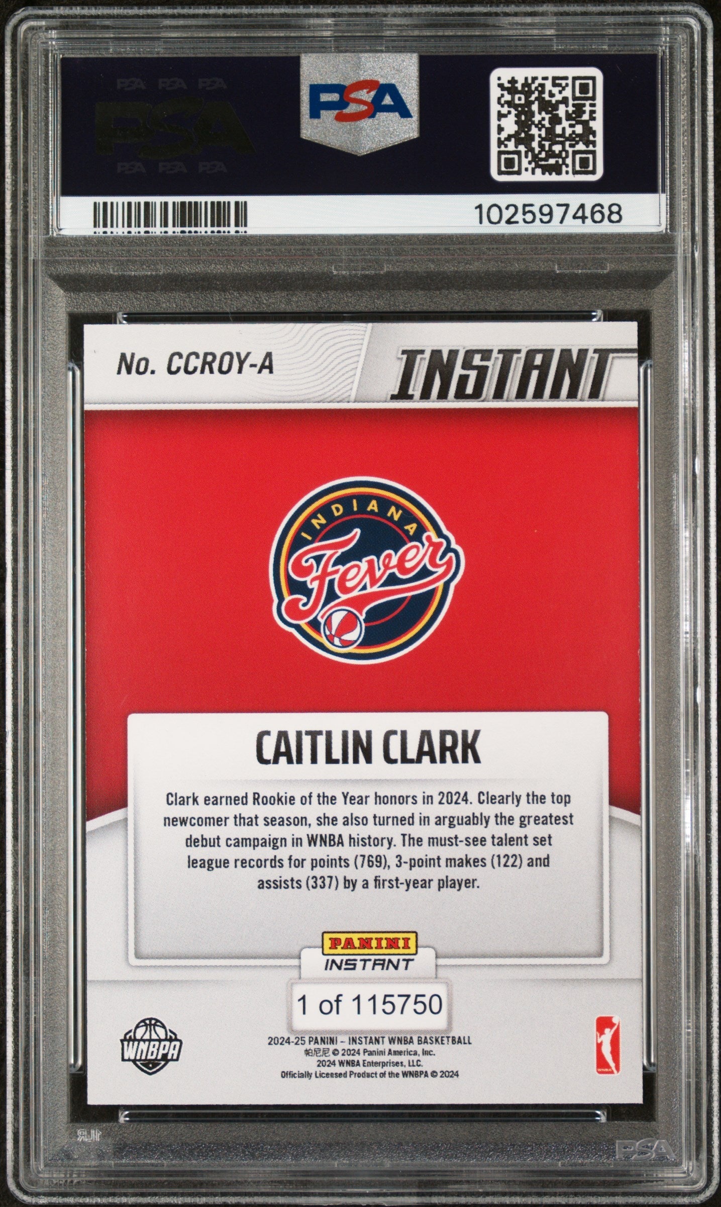 Graded 2024 Panini Instant WNBA Caitlin Clark #A Rookie of the Year Rookie RC Basketball Card PSA 10 Gem Mint