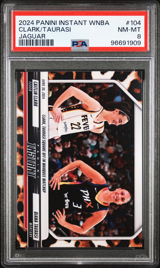 Graded 2024 Panini Instant WNBA Caitlin Clark/Diana Taurasi #104 Jaguar #/10 Basketball Card PSA 8 Near Mint