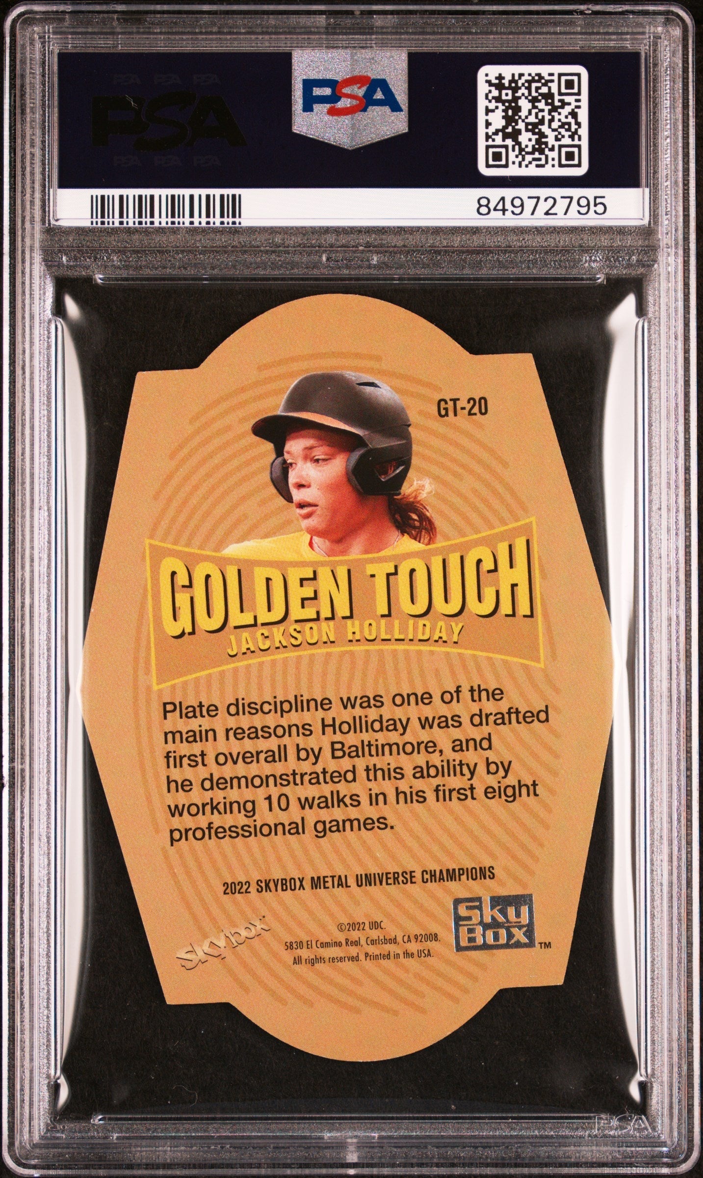 Graded 2022 Skybox Metal Universe Champ Jackson Holliday #GT20 Golden Touch Rookie RC Baseball Card PSA 10 Gem Mint