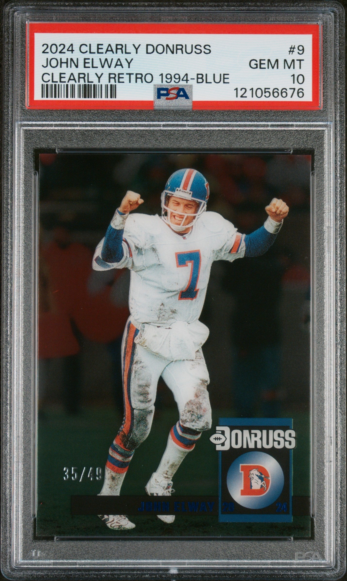 Graded 2024 Panini Clearly Donruss John Elway #9 Clearly Retro 1994 Blue /49 Football Card PSA 10 Gem Mint