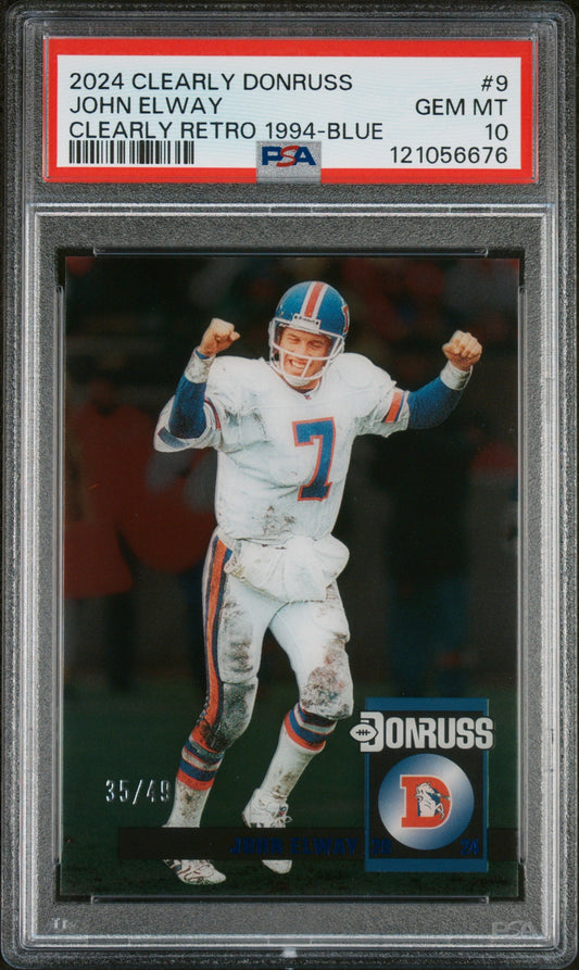 Graded 2024 Panini Clearly Donruss John Elway #9 Clearly Retro 1994 Blue /49 Football Card PSA 10 Gem Mint