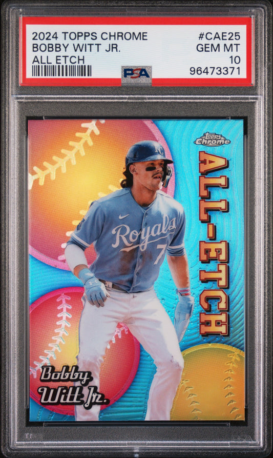 Graded 2024 Topps Chrome Bobby Witt Jr. #CAE25 All Etch Baseball Card PSA 10 Gem Mint - Golden Apple Comics