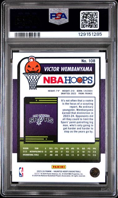 Graded 2023 Panini NBA Hoops Haunted Hoops Victor Wembanyama #108 Orange Rookie RC Basketball Card PSA 10 Gem Mint