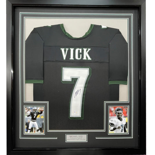 Framed Autographed/Signed Michael Mike Vick 35x39 Philadelphia Black Football Jersey PSA/DNA COA