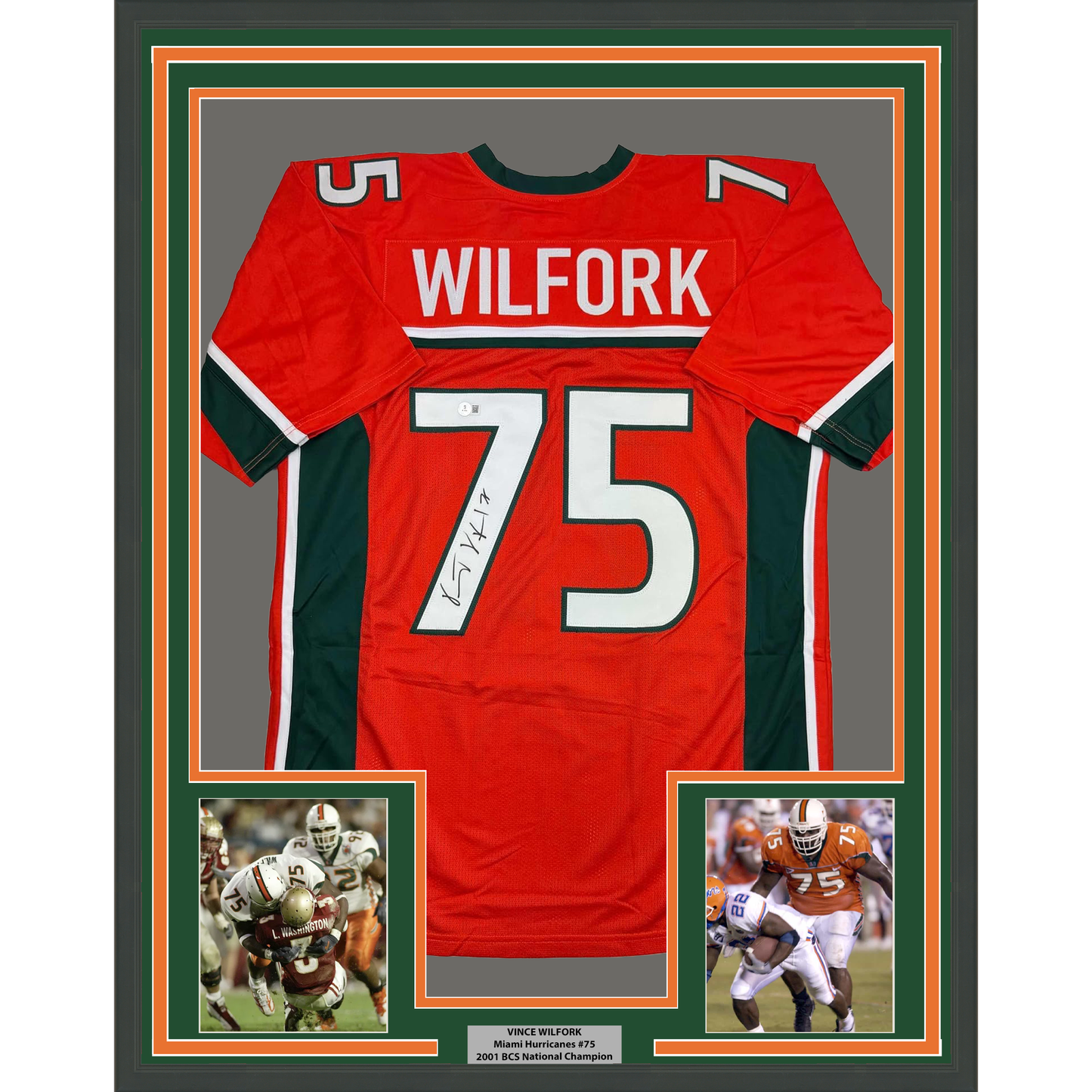 Framed Autographed/Signed Vince Wilfork 35x39 Miami Orange College Football Jersey Beckett BAS COA - Golden Apple Comics