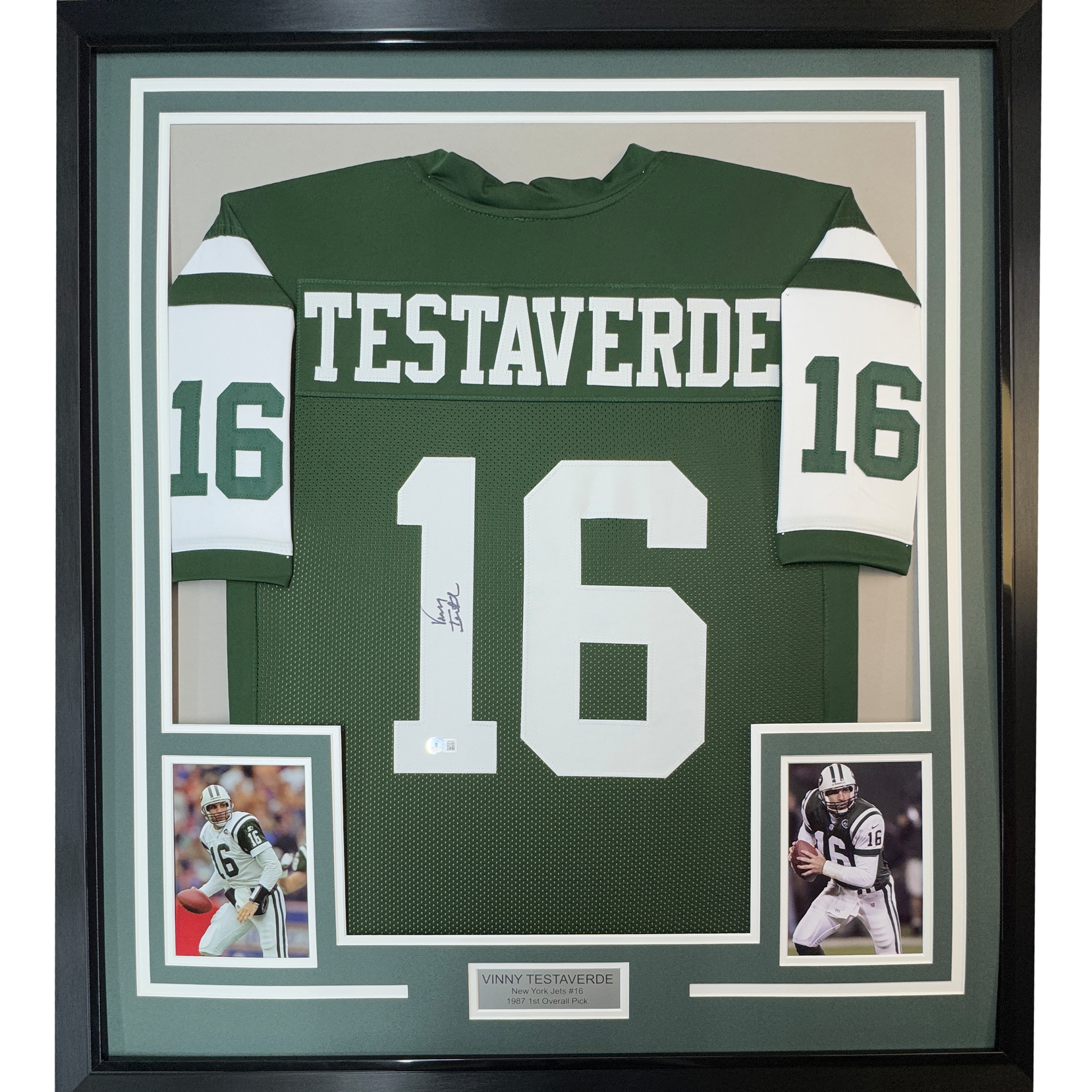 Framed Autographed/Signed Vinny Testaverde 35x39 New York Green Football Jersey JSA COA - Golden Apple Comics