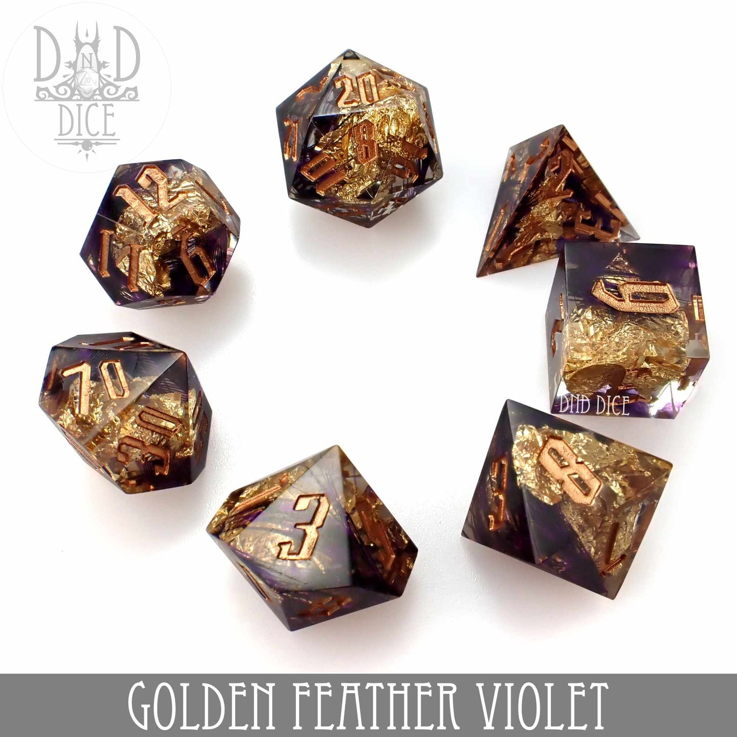 Golden Feather Violet Handmade Dice Set