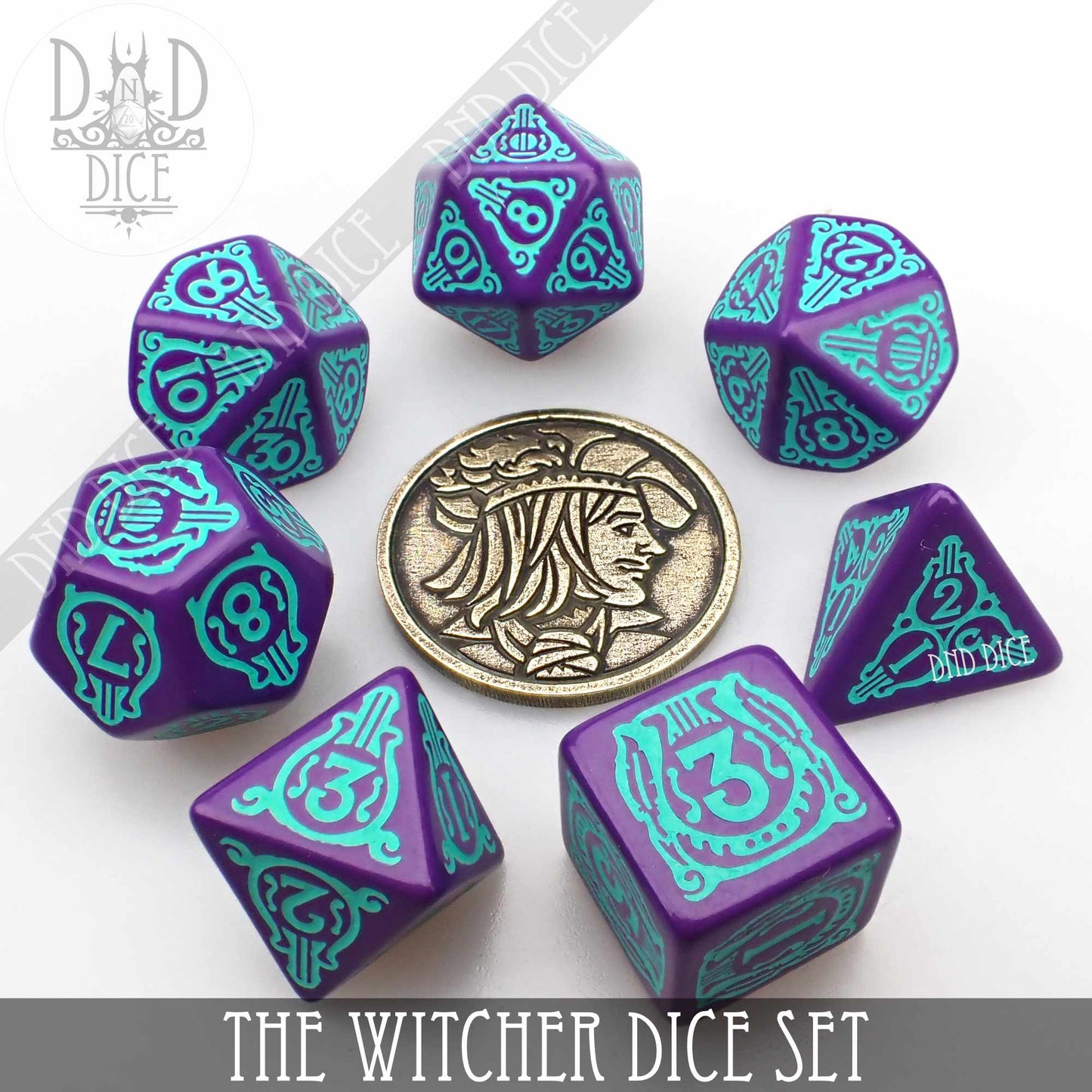 The Witcher Dice Set and Coin - Dandelion / Jaskier