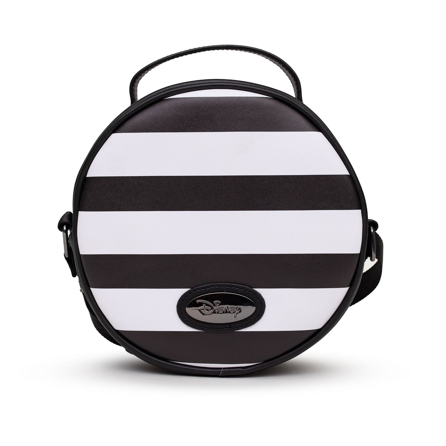 Disney Bag, Cross Body, Round, Pirate Mickey Mouse Smiling Expression Applique, Stripe Black White, Vegan Leather