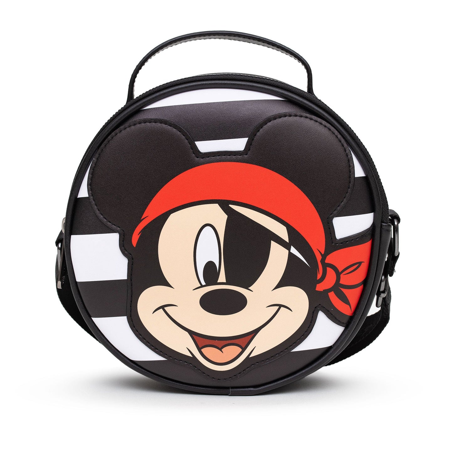 Disney Bag, Cross Body, Round, Pirate Mickey Mouse Smiling Expression Applique, Stripe Black White, Vegan Leather