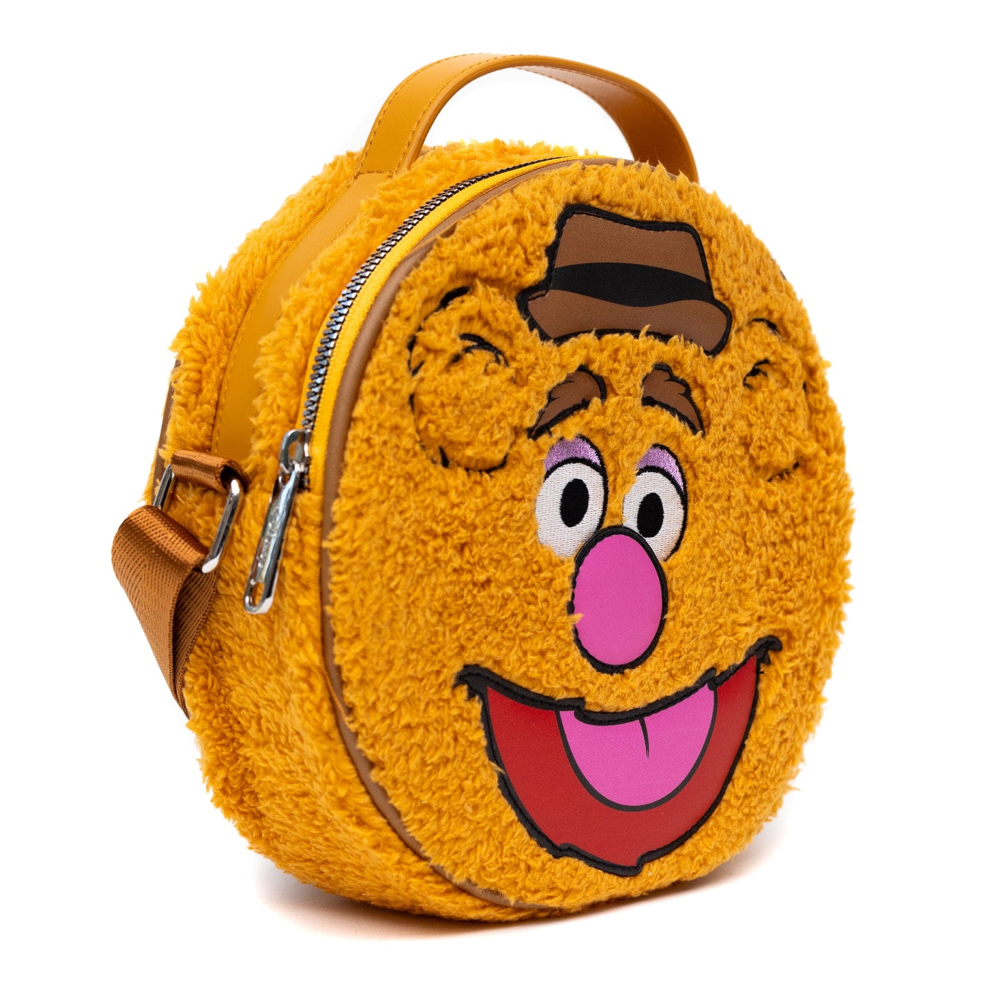 Disney Bag, Cross Body, Round, The Muppets Fozzie Bear Face Character Close Up Faux Fur, Brown, Vegan Leather