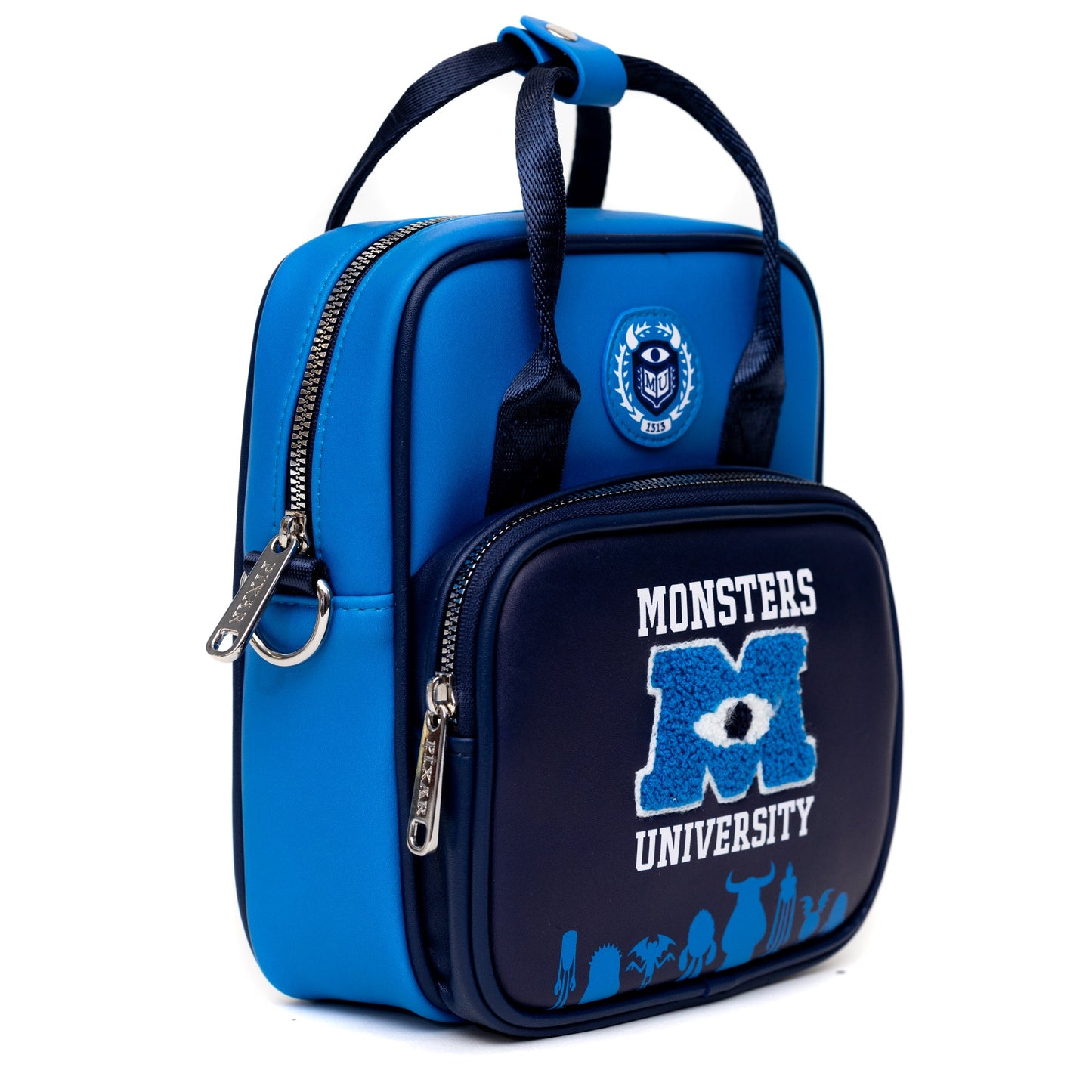 Disney Bag, Cross Body, Monsters University Chenille Patch with Monsters Print Blues, Vegan Leather