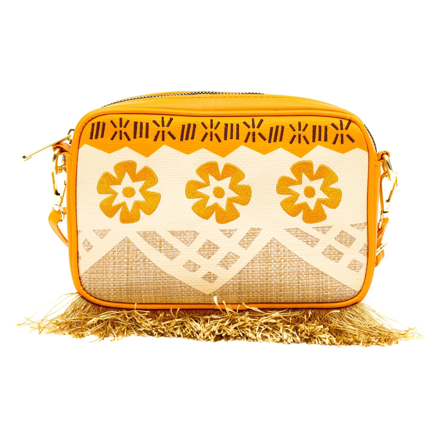 Disney Bag, Horizontal Cross Body, Moana Embroidered Skirt Pattern with Hei Hei and Pua Pose, Raffia Straw