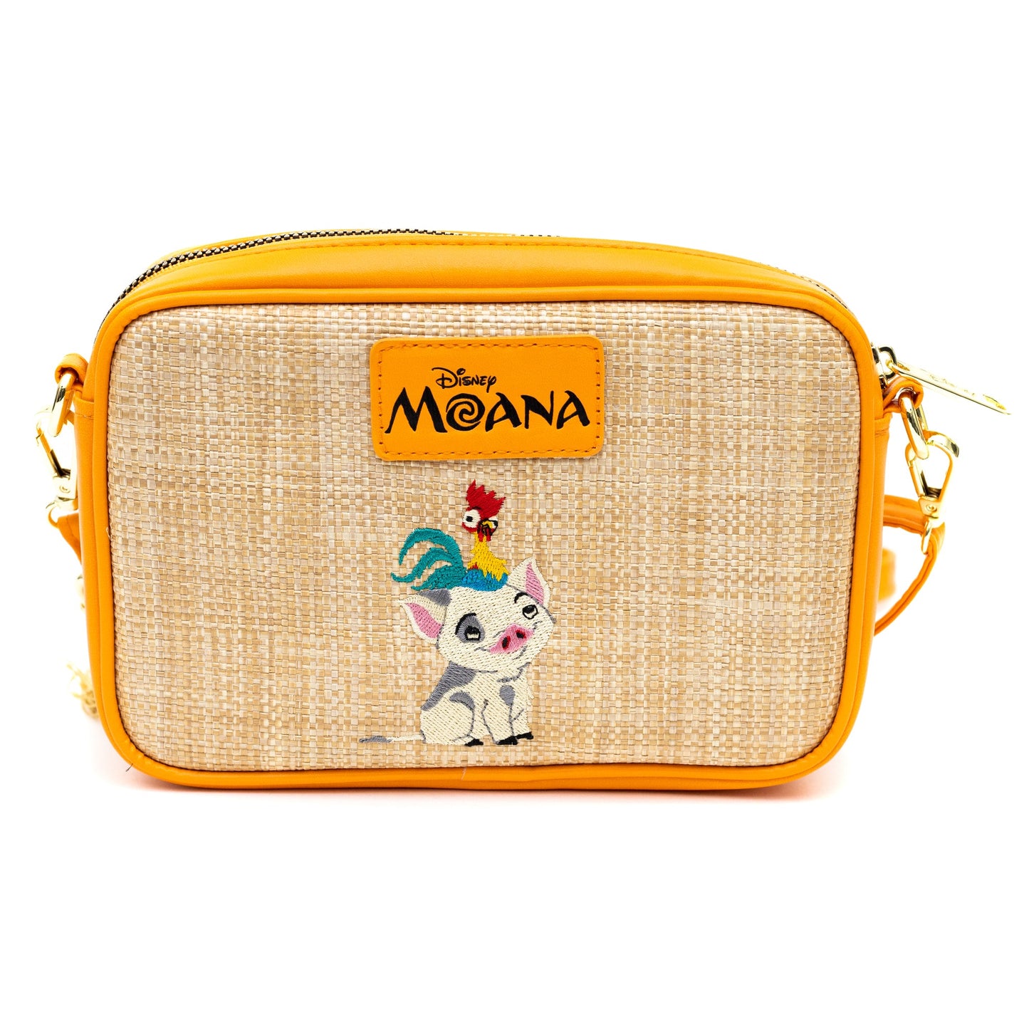 Disney Bag, Horizontal Cross Body, Moana Embroidered Skirt Pattern with Hei Hei and Pua Pose, Raffia Straw