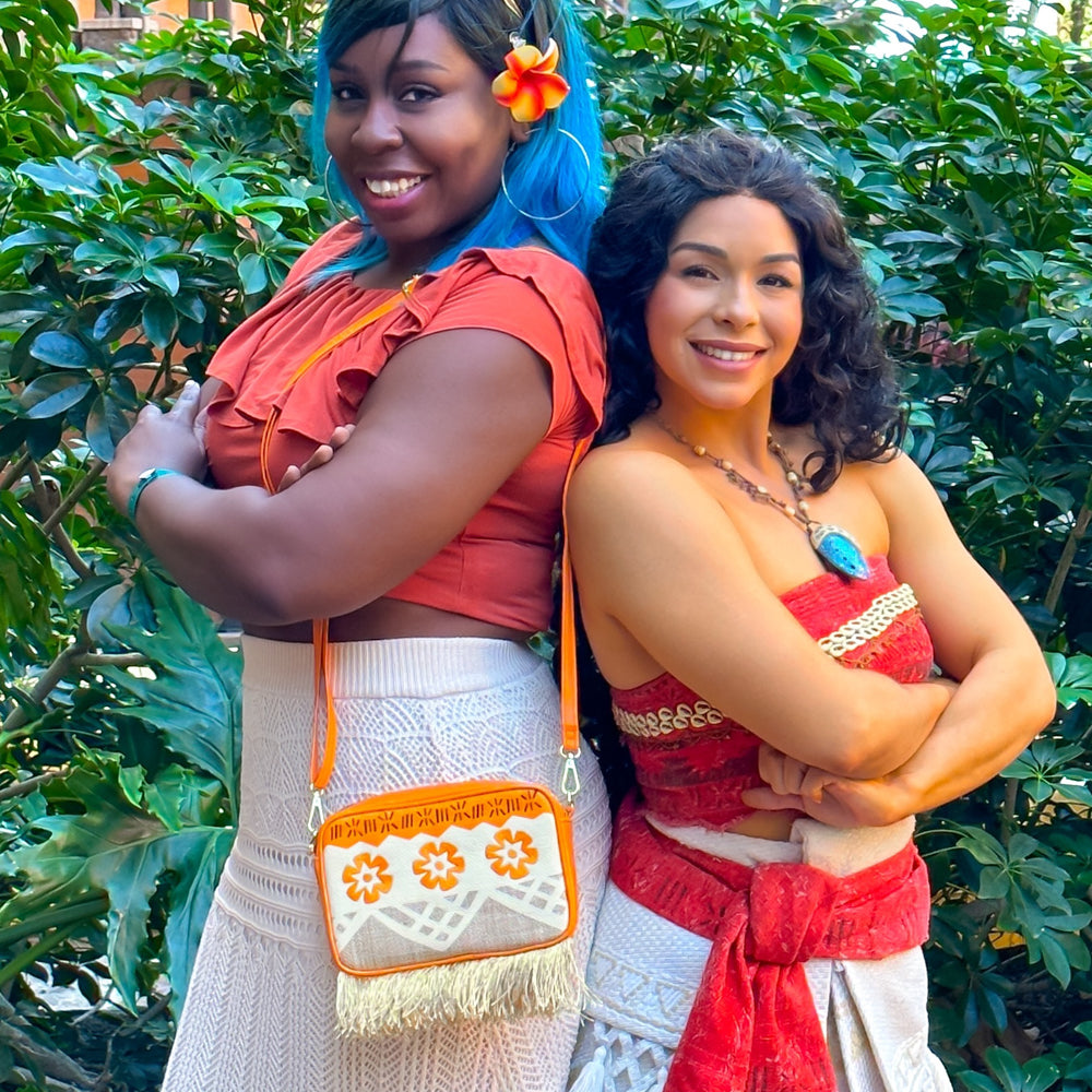 Disney Bag, Horizontal Cross Body, Moana Embroidered Skirt Pattern with Hei Hei and Pua Pose, Raffia Straw