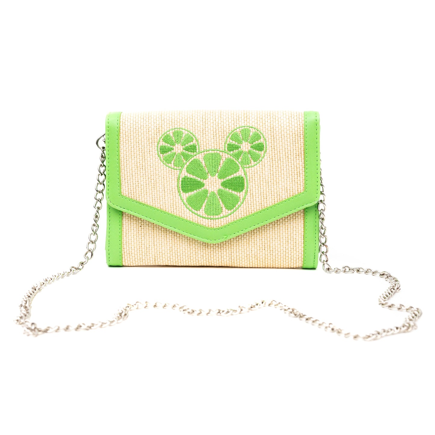 Disney Bag, Horizontal Fold Over Cross Body, Mickey Mouse Embroidered Citrus Ears Lime Green, Raffia Straw