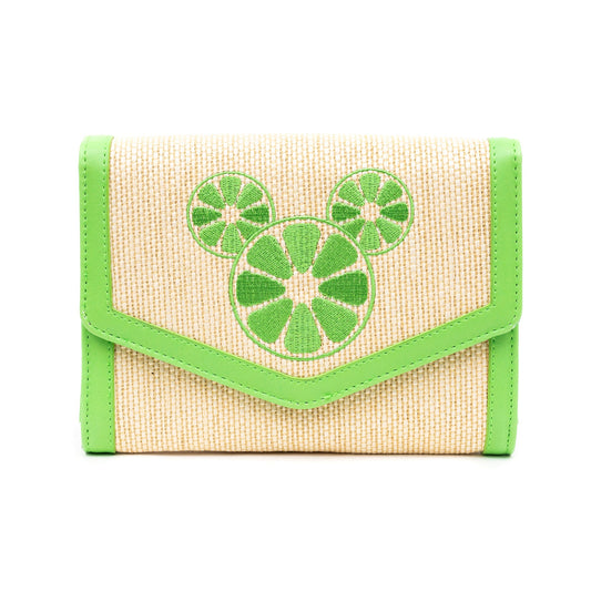 Disney Bag, Horizontal Fold Over Cross Body, Mickey Mouse Embroidered Citrus Ears Lime Green, Raffia Straw