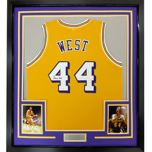 Framed Autographed/Signed Jerry West 35x39 Los Angeles LA Yellow Basketball Jersey JSA COA