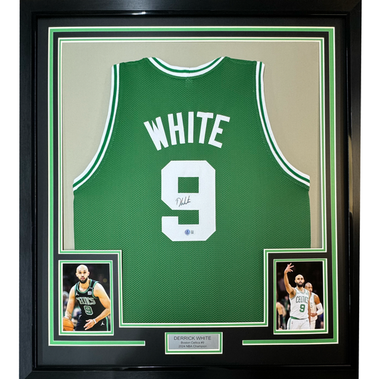 Framed Autographed/Signed Derrick White 35x39 Boston Green Basketball Jersey JSA COA