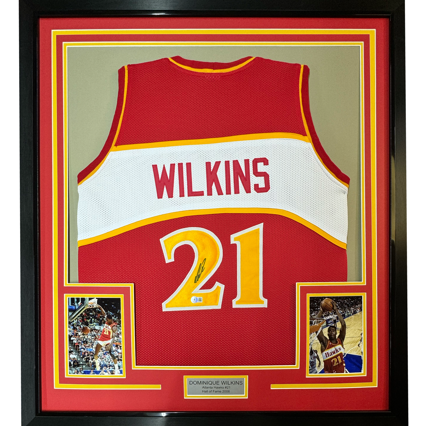 Framed Autographed/Signed Dominique Wilkins 35x39 Atlanta Red Basketball Jersey PSA/DNA COA