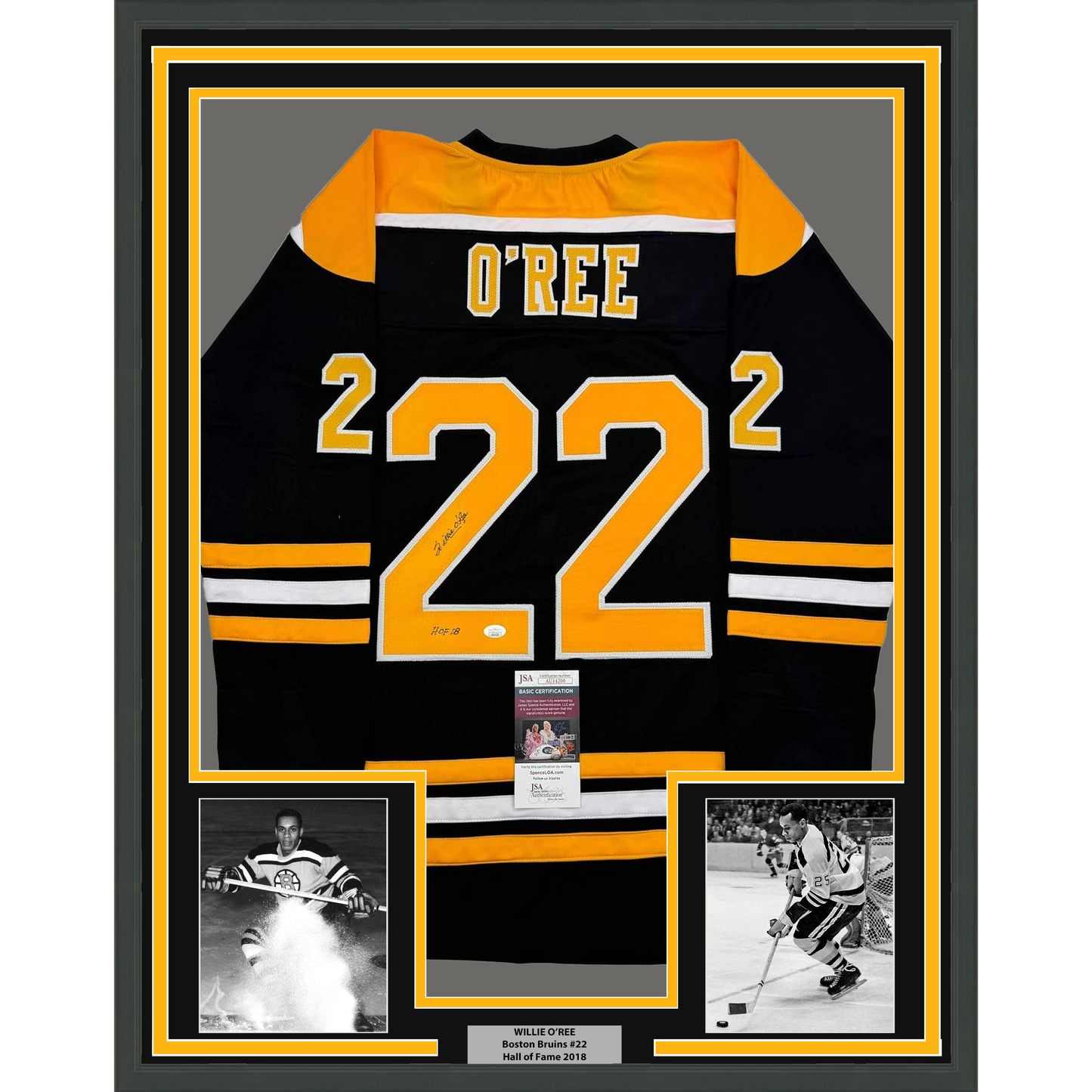 Framed Autographed/Signed Willie O'Ree "HOF 2018" 35x39 Boston Black Hockey Jersey JSA COA