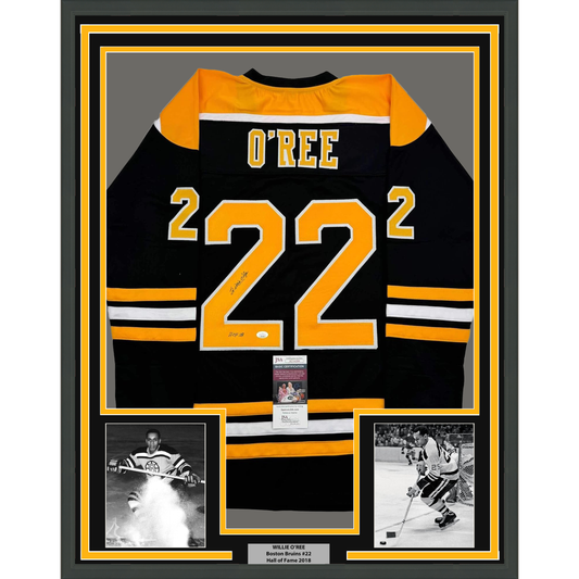 Framed Autographed/Signed Willie O'Ree "HOF 2018" 35x39 Boston Black Hockey Jersey JSA COA
