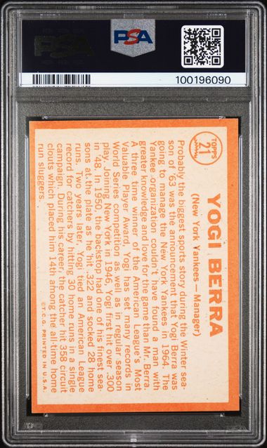 Graded 1964 Topps Yogi Berra #21 Baseball Card PSA 5 Excellent